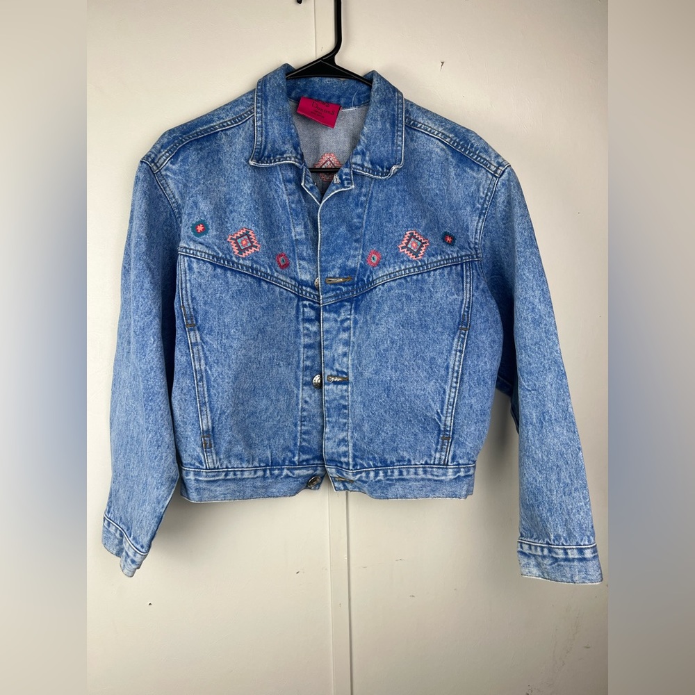 VTG 90s  Womens Denim Jean Jacket Acid Wash Trucker Aztec